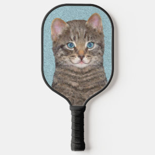 Grey Tabby Cat Painting - Cute Original Cat Art Pickleball Paddle