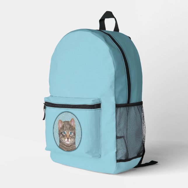 Grey Tabby Cat Painting - Cute Original Cat Art Printed Backpack (Back Corner Right)