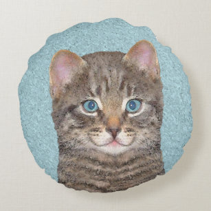 Grey Tabby Cat Painting - Cute Original Cat Art Round Cushion