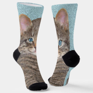 Grey Tabby Cat Painting - Cute Original Cat Art Socks