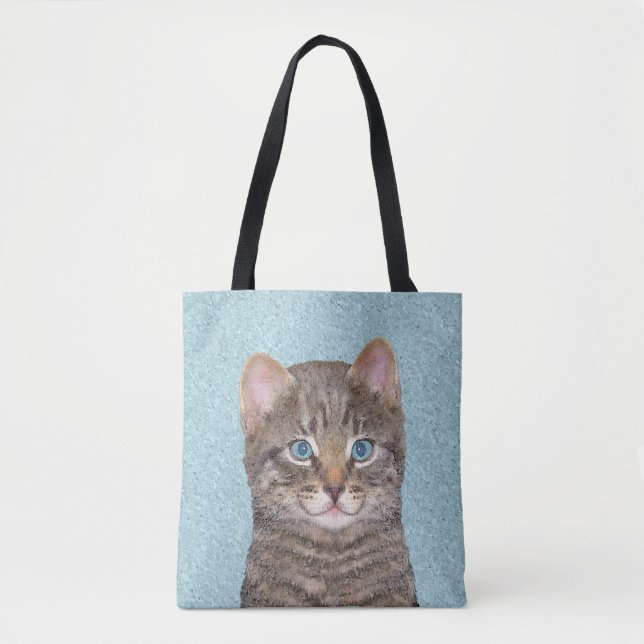 Grey Tabby Cat Painting - Cute Original Cat Art Tote Bag (Front)