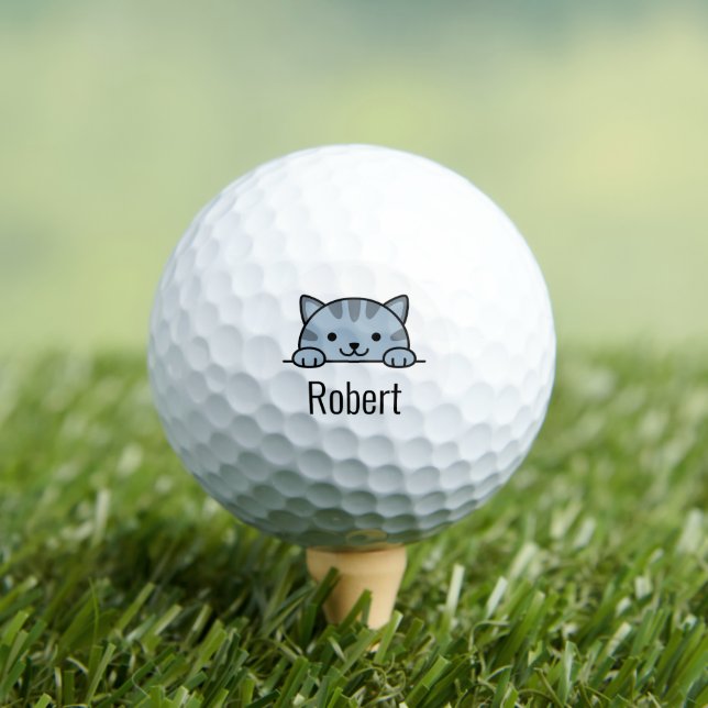 Grey Tabby Cat Peeking above Custom Name Golf Balls (Insitu Tee)