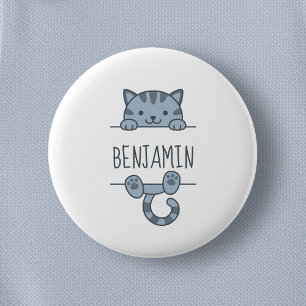 Grey Tabby Cat Peeking behind Custom Name 6 Cm Round Badge