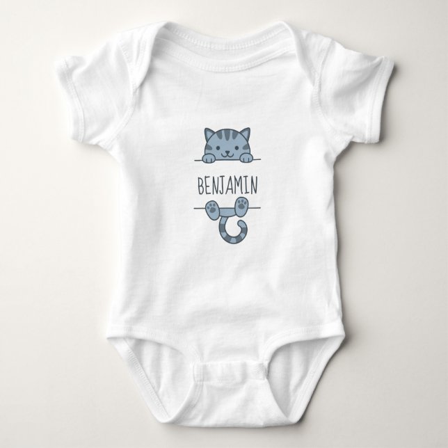 Grey Tabby Cat Peeking behind Custom Name Baby Bodysuit (Front)