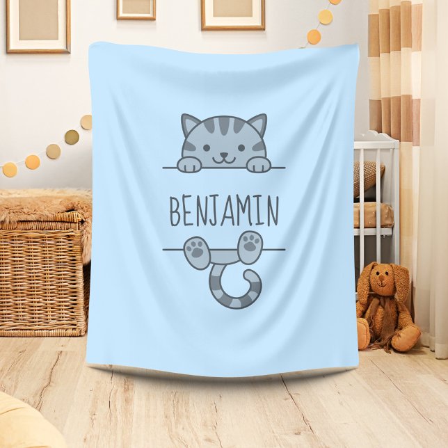 Grey Tabby Cat Peeking behind Custom Name Blue Fleece Blanket (Creator Uploaded)