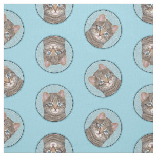 Grey Tabby Cat Portrait Painting Cute Original Art Fabric