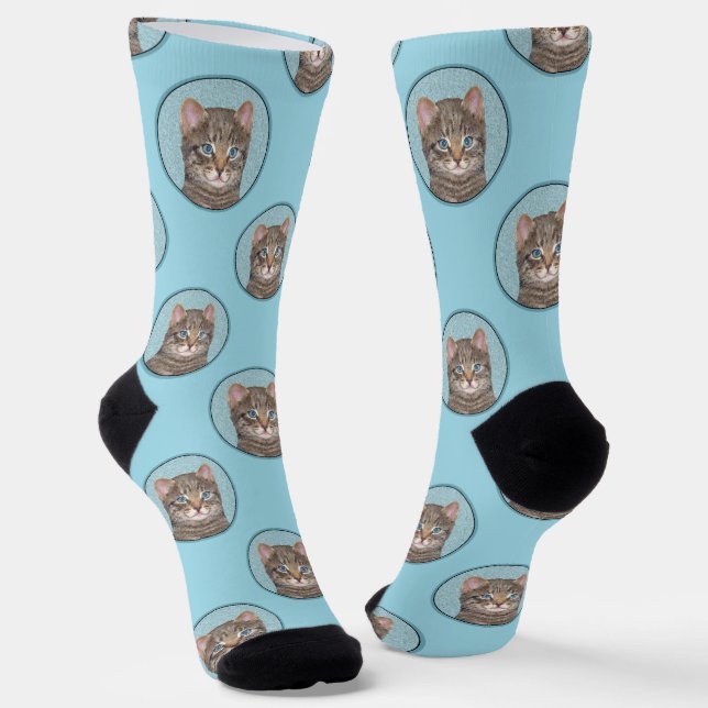 Grey Tabby Cat Portrait Painting Cute Original Art Socks (Angled)
