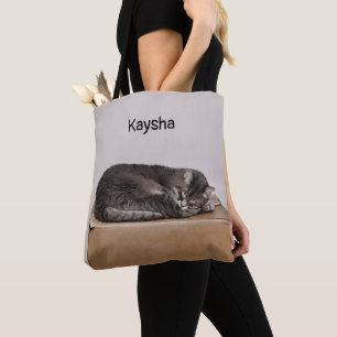 Grey Tabby Cat Sleeping On Box Tote Bag
