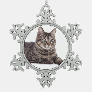 Grey Tabby Cat Snowflake Pewter Christmas Ornament