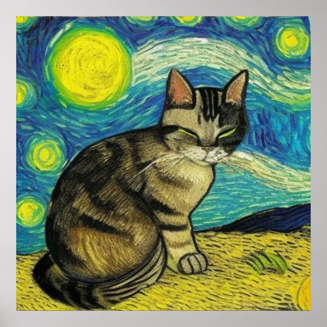 Grey Tabby Cat Starry Night Artwork Van Gogh Poster (Front)