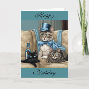 Grey tabby cat with a cape and top hat birthday card
