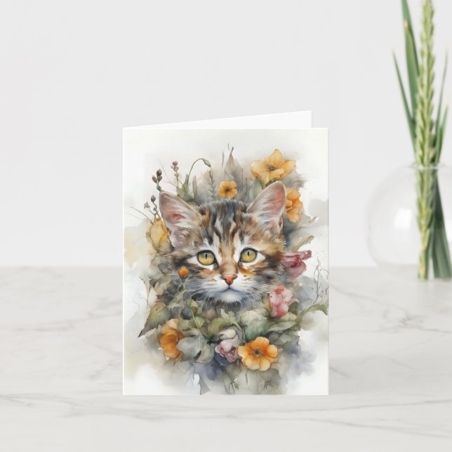 Grey Tabby Cat with Flowers Blank Greeting  Card (Front)
