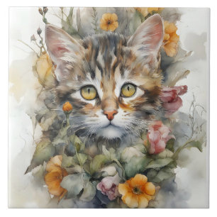 Grey Tabby Cat with Flowers Portrait  Ceramic Tile