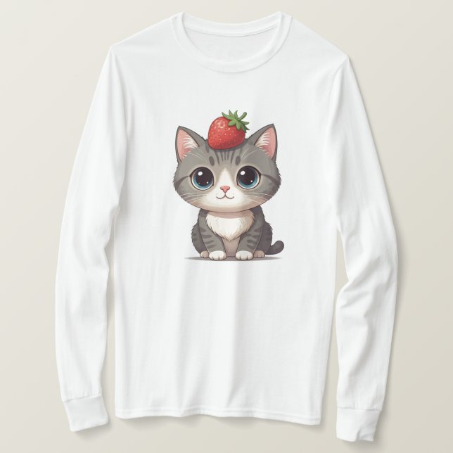 Grey tabby cat with Strawberry  T-Shirt (Design Front)