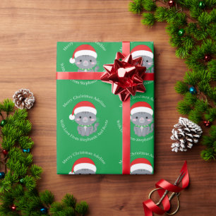 Grey Tabby Christmas Cat On Green Wrapping Paper