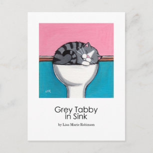 Grey Tabby in Sink   Whimsical Cat Art Postcard