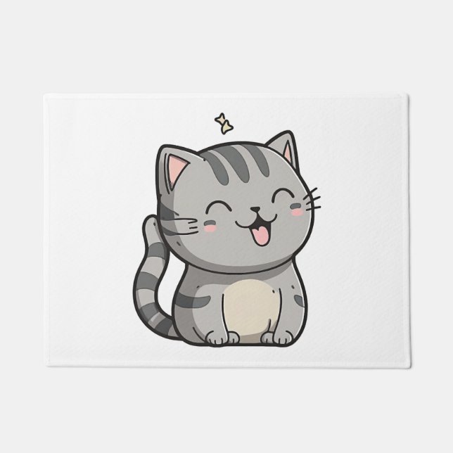 Grey Tabby Kawaii Smiling Cat Doormat (Front)