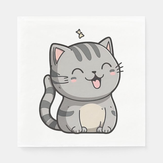 Grey Tabby Kawaii Smiling Cat Napkin (Front)