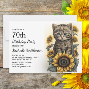 Grey Tabby Kitten Cat Sunflowers 70th Birthday Invitation