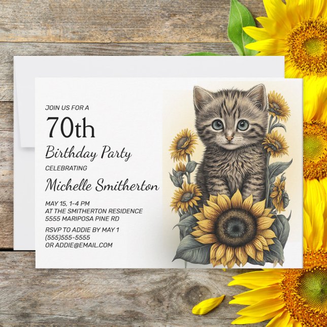 Grey Tabby Kitten Cat Sunflowers 70th Birthday Invitation (Creator Uploaded)