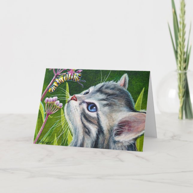 Grey Tabby Kitten & Caterpillar Watercolor Art Card (Front)