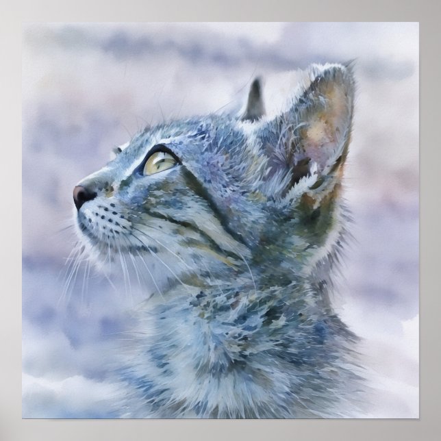 Grey Tabby Kitten Profile Watercolor Style Art Poster (Front)