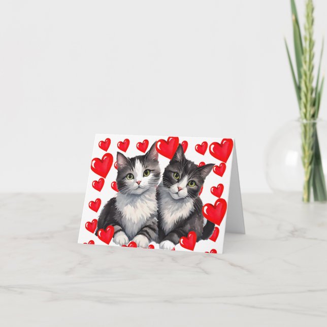 Grey Tabby Kittens & Hearts a Purr-fect Valentine Holiday Card (Front)