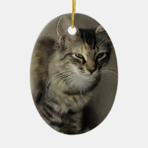 Grey Tabby Painting Ceramic Tree Decoration
