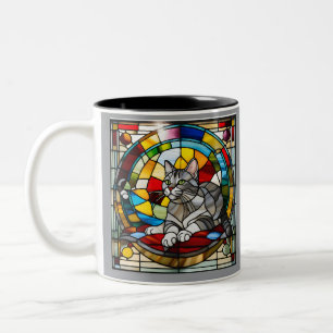 Grey Tabby Stained Glass Two-Tone Coffee Mug