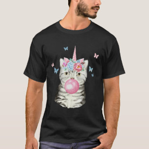 Grey Tabby Tiger Cat With Bubblegum Unicorn Happy T-Shirt