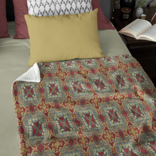 Grey Tan Brown Ochre Ivory Red Tribal Art Pattern Fleece Blanket