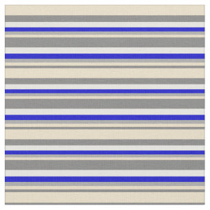Grey, Tan, Dark Grey, Blue & White Pattern Fabric
