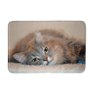 Grey, Tan, White Long-Haired Cat by Shirley Taylor Bath Mat
