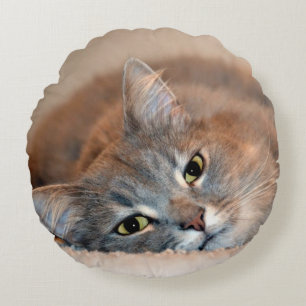 Grey, Tan, White Long-Haired Cat by Shirley Taylor Round Cushion