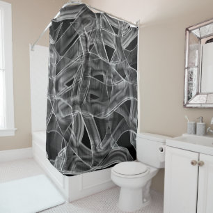 Grey tape-shaped curves, contrasted relief lines shower curtain