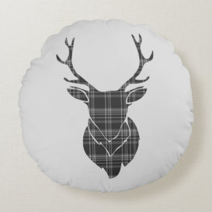 Grey Tartan Pattern And Stag Head Antler Rustic Round Cushion