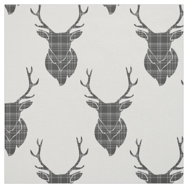 Grey Tartan Stag Head Antler Rustic Pattern Fabric (Swatch)