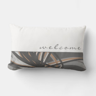 Grey & Taupe Abstract Ribbons   White   Welcome Lumbar Cushion