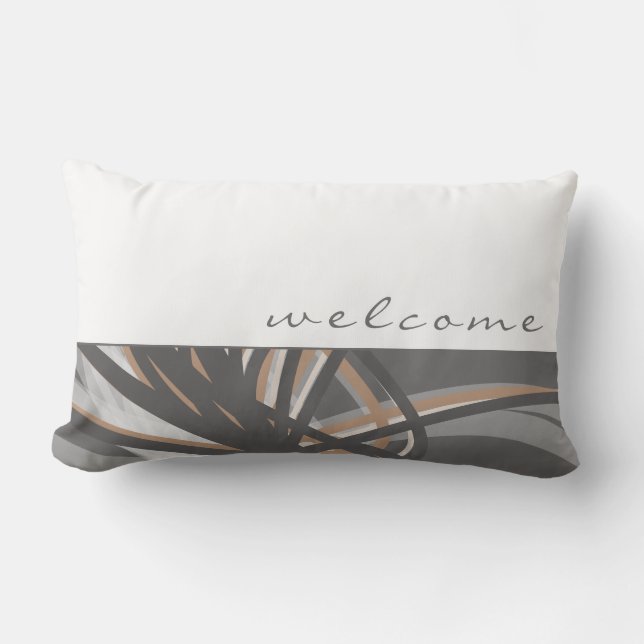 Grey & Taupe Abstract Ribbons | White | Welcome Lumbar Cushion (Front)
