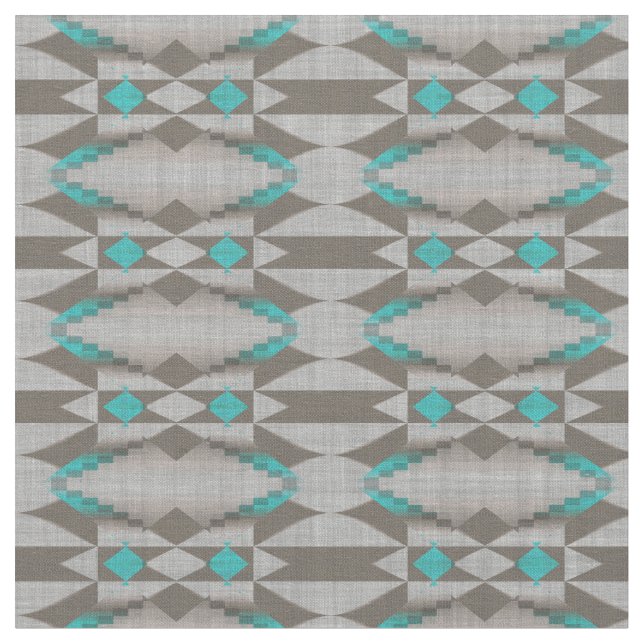 Grey Taupe Aqua Turquoise Teal Blue Tribal Art Fabric (Close Up)