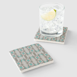 Grey Taupe Aqua Turquoise Teal Blue Tribal Art Stone Coaster