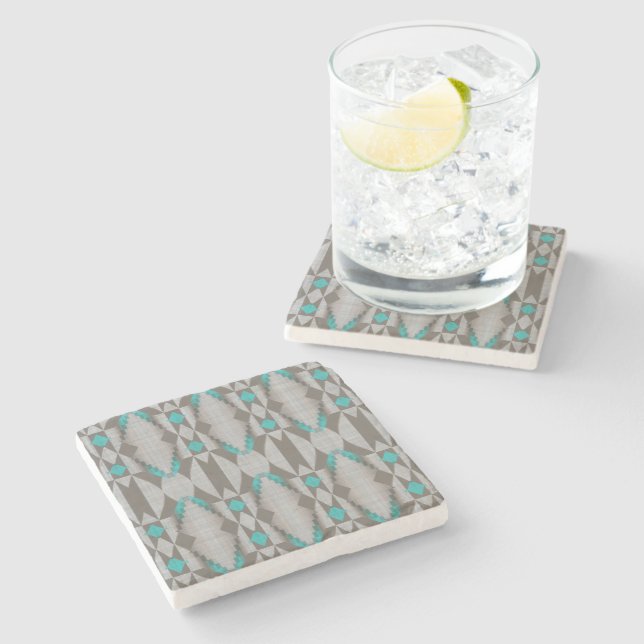 Grey Taupe Aqua Turquoise Teal Blue Tribal Art Stone Coaster (Side)