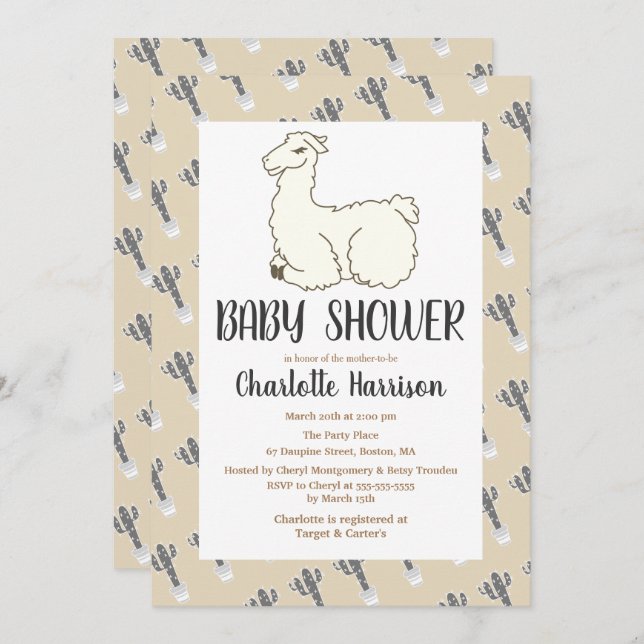 Grey & Taupe Llama & Cactus Baby Shower Invitation (Front/Back)