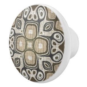 Grey Taupe Ochre Brown Beige Ethnic Tribe Art Ceramic Knob
