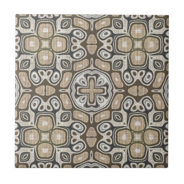 Grey Taupe Ochre Brown Beige Ethnic Tribe Art Ceramic Tile (Front)