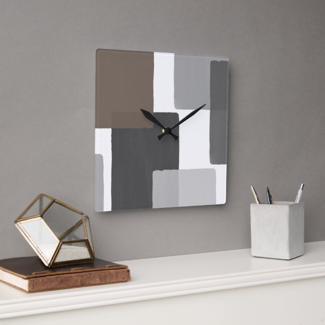 Grey Taupe White Geometric Modern Minimalist  Square Wall Clock (Office)
