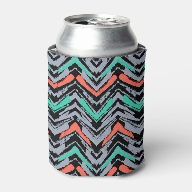 Grey, Teal, And Coral Hand Drawn Chevron Pattern Can Cooler (Can Front)