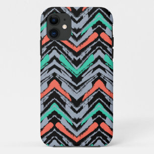 Grey, Teal, And Coral Hand Drawn Chevron Pattern iPhone 11 Case