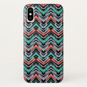Grey, Teal, And Coral Hand Drawn Chevron Pattern iPhone X Case