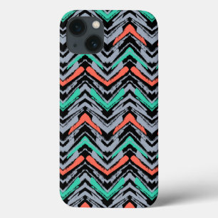 Grey, Teal, And Coral Hand Drawn Chevron Pattern iPhone 13 Case